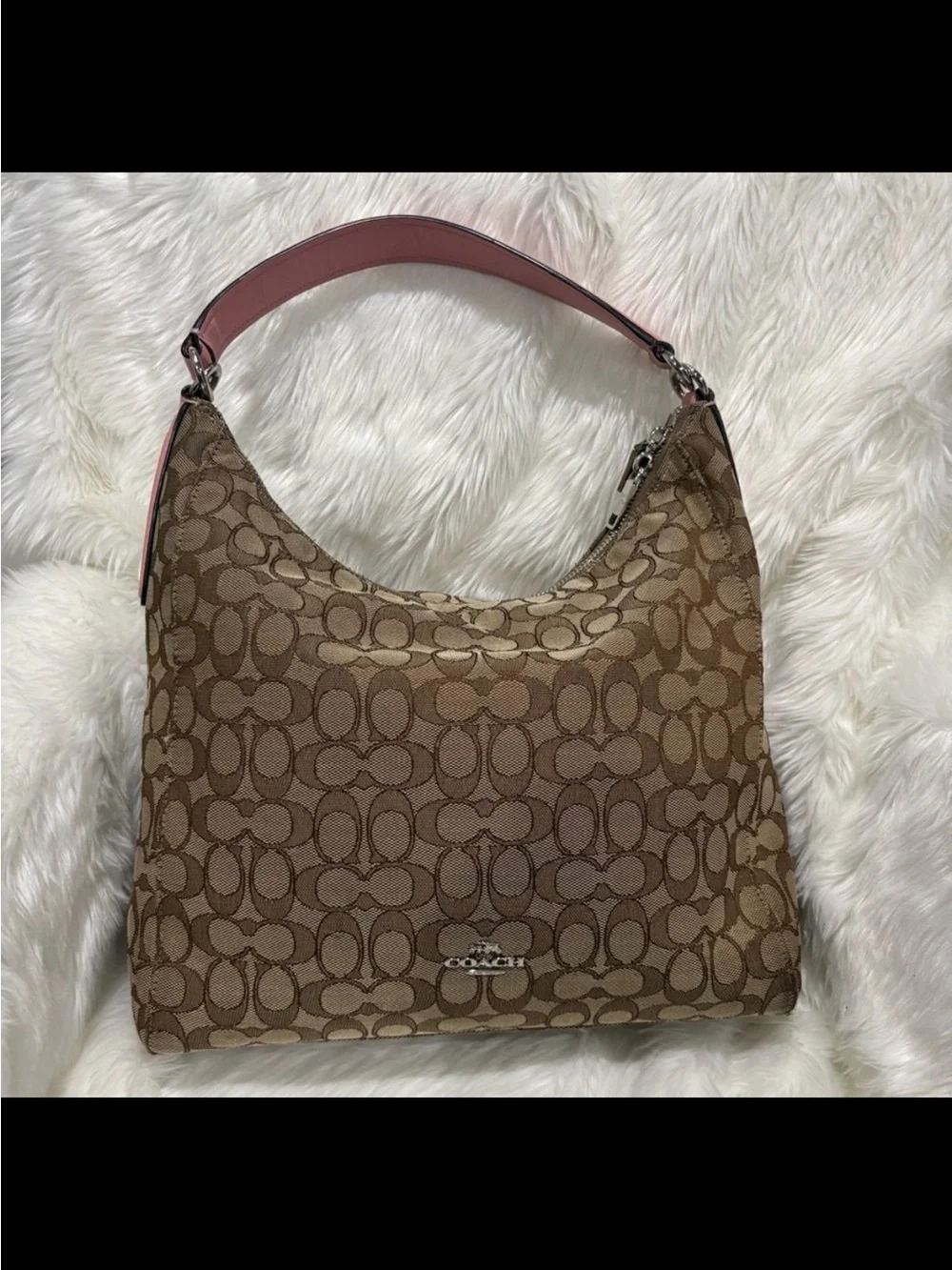 Coach Brown Signature Canvas Shoulder Bag with Pink Strap